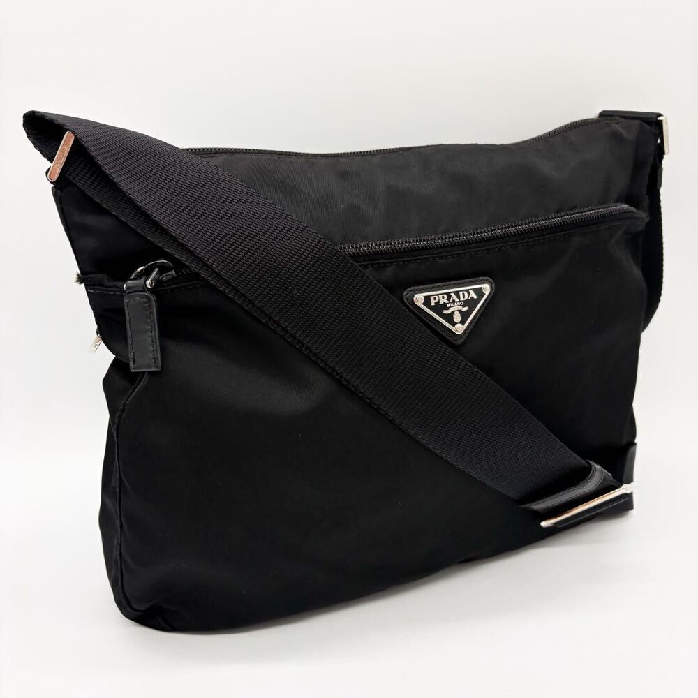 PRADA Tessuto leather shoulder bag black triangular white